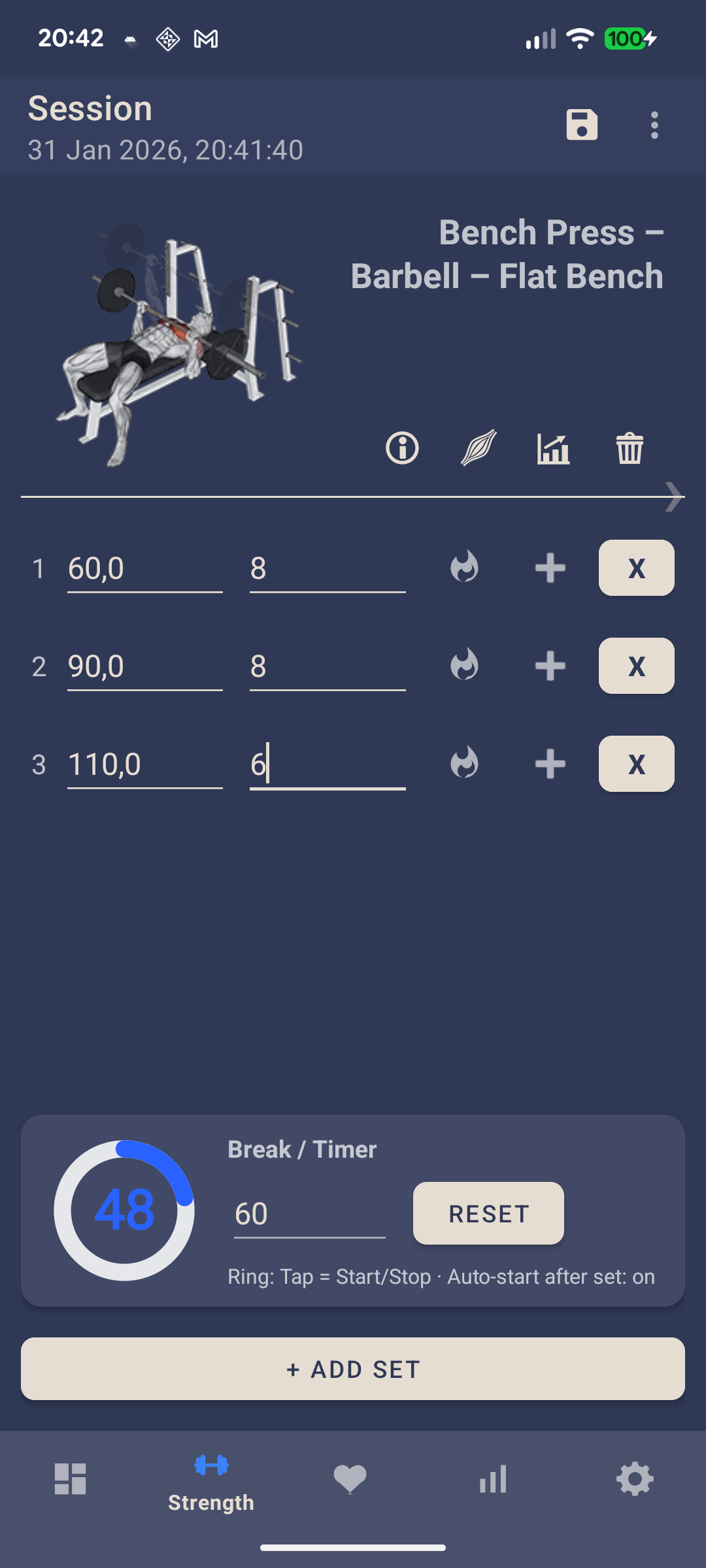 Strength logging screenshot